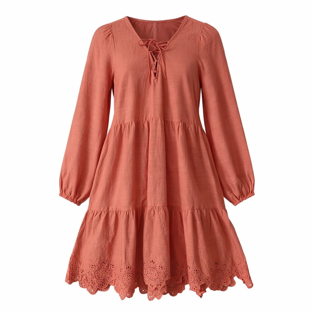 Old Navy‎ Orange Coral Eyelet Tired Long Sleeve Size M Lace-Up Front Pockets New